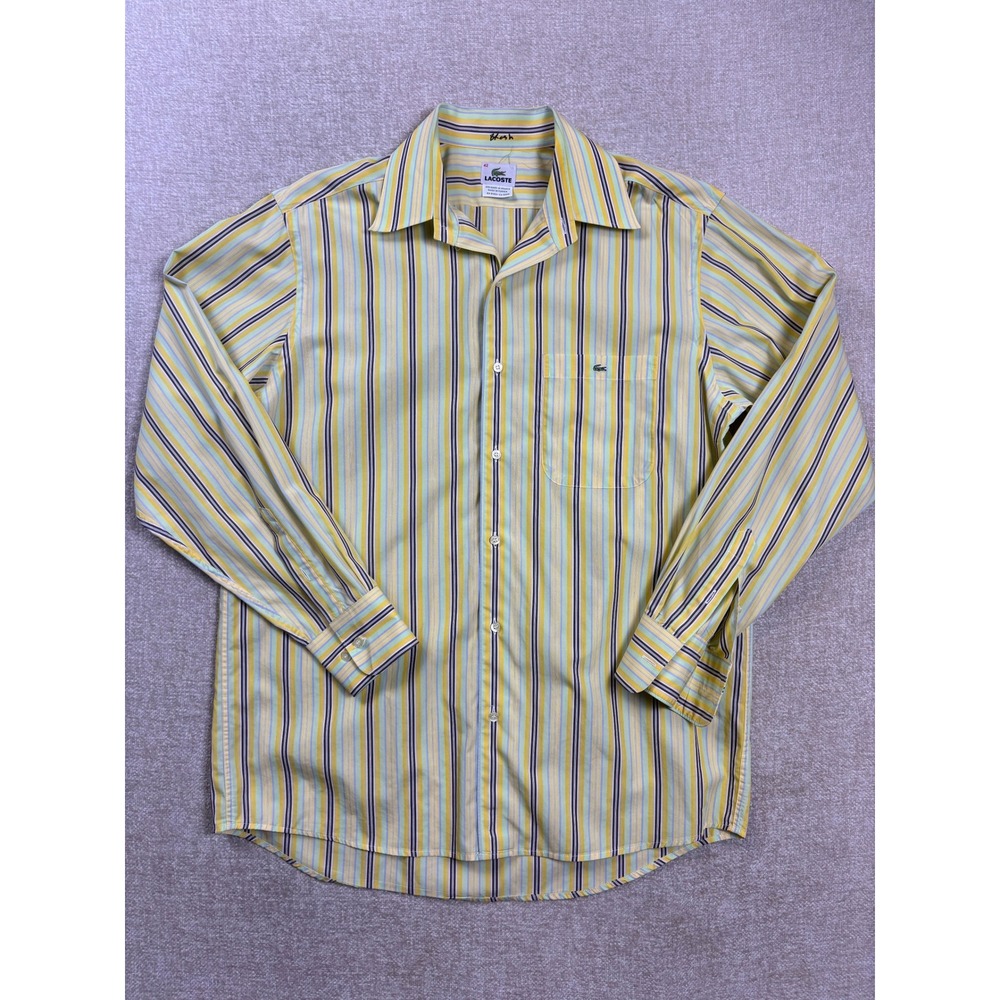 Lacoste Mens Multi Stripe Cotton Button Down Shirt Yellow Green Size 42 16.5